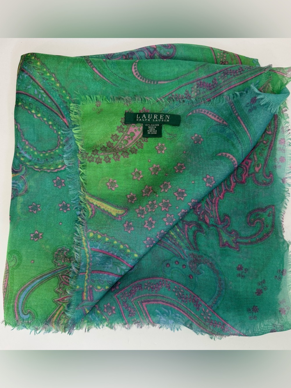 Lauren Ralph Lauren 100% Silk Paisley Ombre Fringe Square Scarf Green Teal 42”